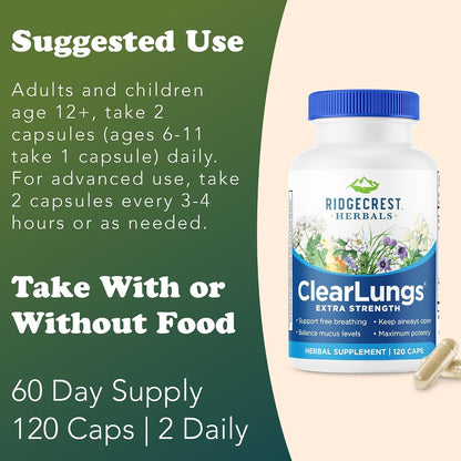 RidgeCrest Herbals ClearLungs Extra Strength, Daily Food Supplement, Natural Lung and Nasal Wellness Formula (120 Vegan Caps, 60 Serv)