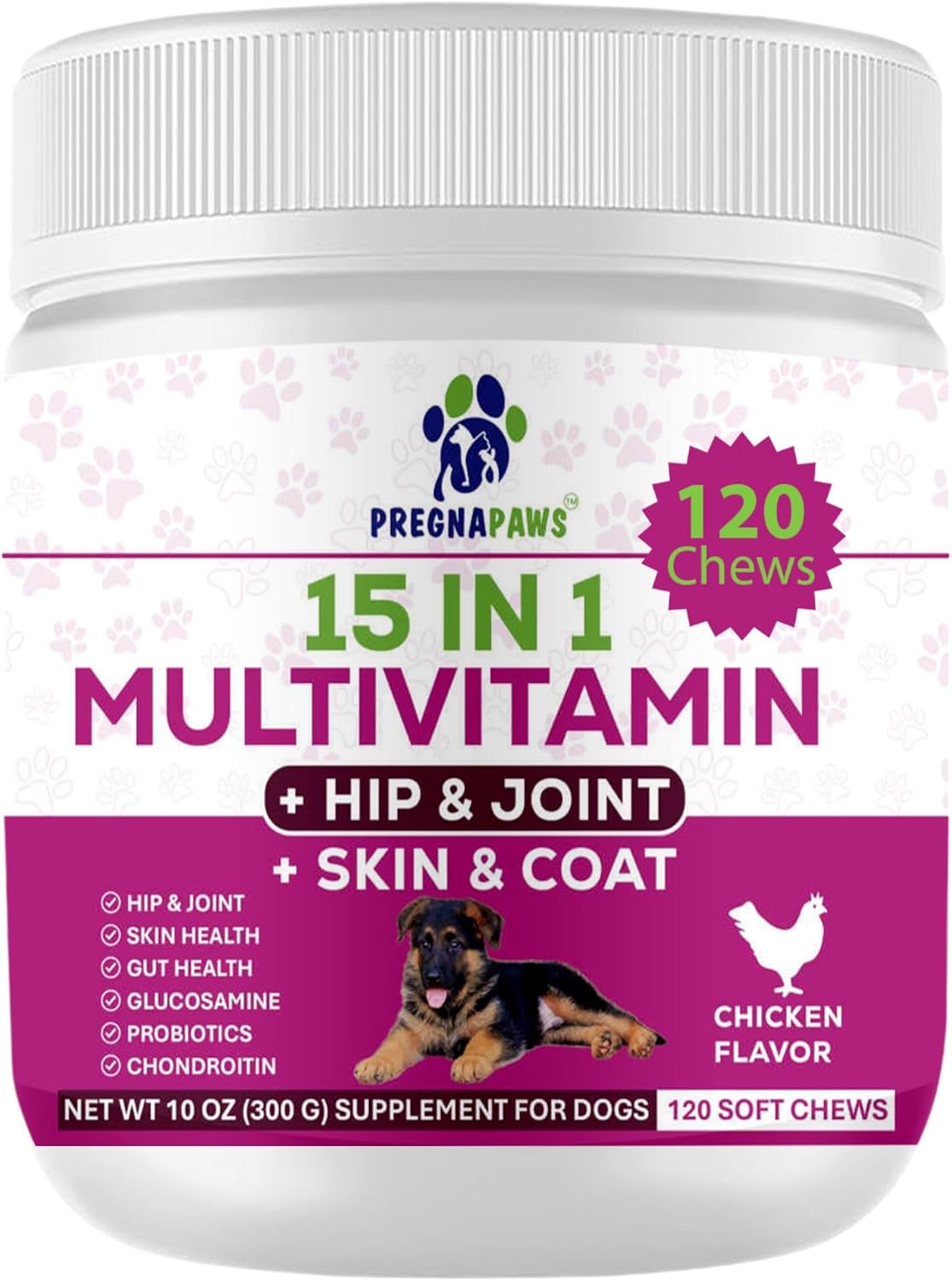 15-in-1 Postnatal Vitamins for Dogs - Recovery, Joint, Skin & Coat Support - Probiotics & Multivitamins - 120 Chewable Chicken Flavour Tablets - görsel 1