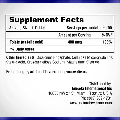 Folic Acid Supplement 100 Tablets 400 mcg by Natural Systems - Antenatal Vitamin for Women - Pregnancy Support Tablets - Daily Intake Folate