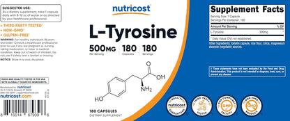 Nutricost L-Tyrosine 500mg, 180 Capsules (3 Bottles)