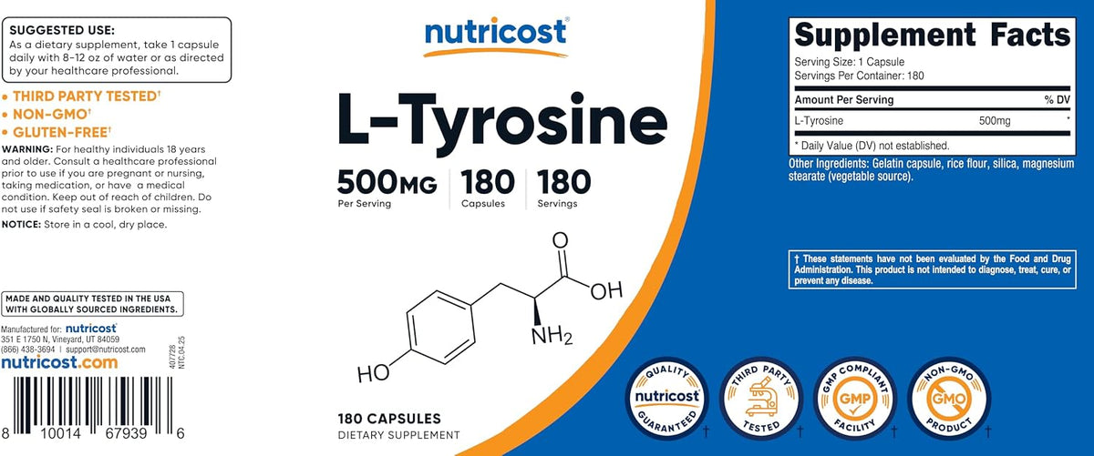 Nutricost L-Tyrosine 500mg, 180 Capsules - Gluten-free & Non-GMO - görsel 8