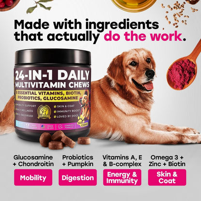 24-in-1 Dog Multivitamin Chews – Dog Vitamins & Supplements with Glucosamine, Chondroitin, Probiotics, Salmon Oil, Biotin – Daily Mobility, Digestion, Skin & Coat Support, Beef Flavour | 24-in-1 daily dog multivitamin, beef flavour, 140 soft chews