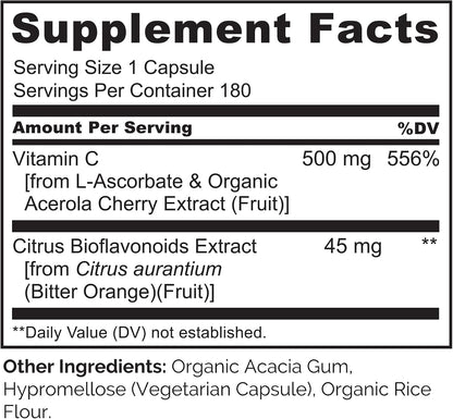 NATURELO Vitamin C with Organic Acerola Cherry and Citrus Bioflavonoids - 500 mg - 180 Vegan Capsules