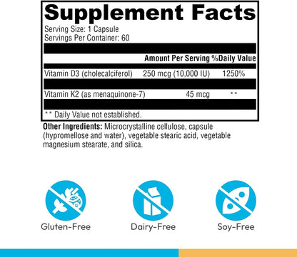 XYMOGEN K2-D3 10000 - Vitamin D3 K2 Food Supplement for Immune, Bone & Circulatory Health* - Non-GM, Gluten-Free, Vegetarian - 60 Capsules