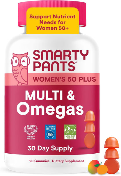 SmartyPants Women’s Plus 50+ Multi & Omegas Multivitamin Gummies with Omega-3 DHA/EPA, Methylfolate, CoQ10, Vitamin D3, C, B12, B6, A, K, Biotin, Two Fruit Flavours, 90 Count (30 Day Supply)