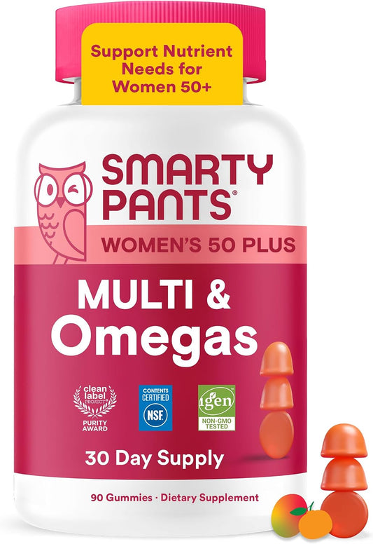 SmartyPants Women’s Plus 50+ Multi & Omegas Multivitamin Gummies with Omega-3 DHA/EPA, Methylfolate, CoQ10, Vitamin D3, C, B12, B6, A, K, Biotin, Two Fruit Flavours, 90 Count (30 Day Supply)
