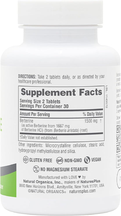 NaturesPlus PRO Berberine 1500 mg - 60 Tablets - Supports Healthy Metabolism - Non-GMO, Vegan & Gluten-free - 30 Servings