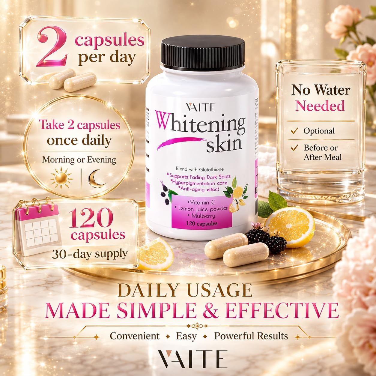VAITE Glutathione Skin Brightening Capsules - Antioxidant & Radiance Support (120 Capsules) - görsel 4