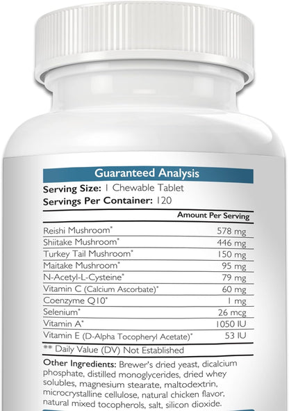 Immune Support for Dogs – Turkey Tail, Reishi, Shiitake & Maitake Mushroom Complex with CoQ10 and Vitamin A – 120 Chewable Tablets