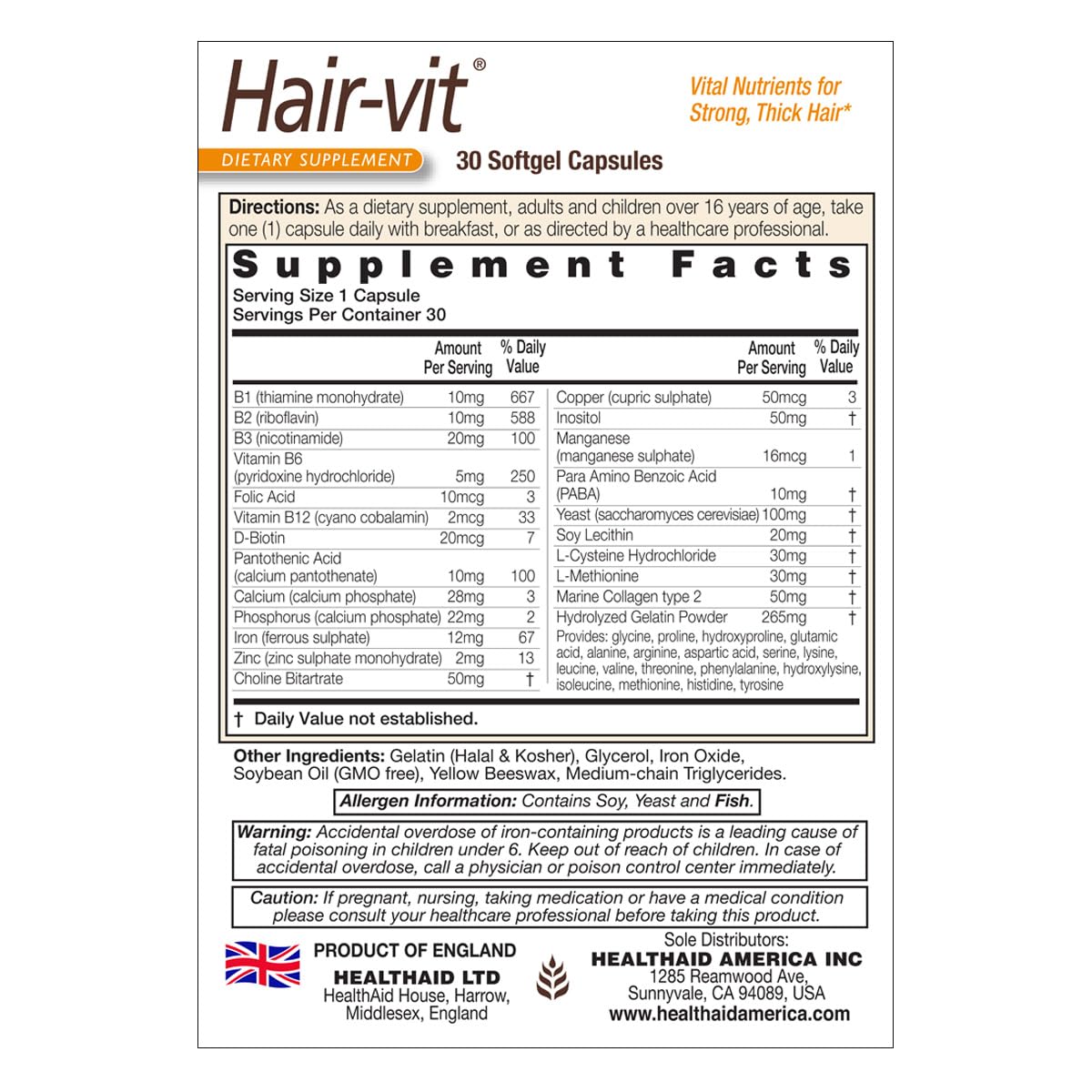 HealthAid Hair-VIT - Vital Nutrients for Strong, Thick, and Shiny Hair (30 Capsules) - görsel 2