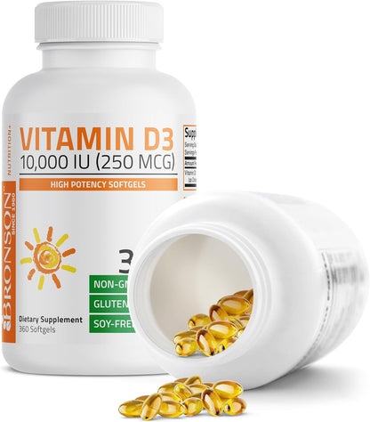 Bronson Vitamin D3 10,000 IU (250 µg) High Potency – Supports Healthy Immune System, Strong Bones, Muscles & Teeth – Non GMO, 360 Softgels