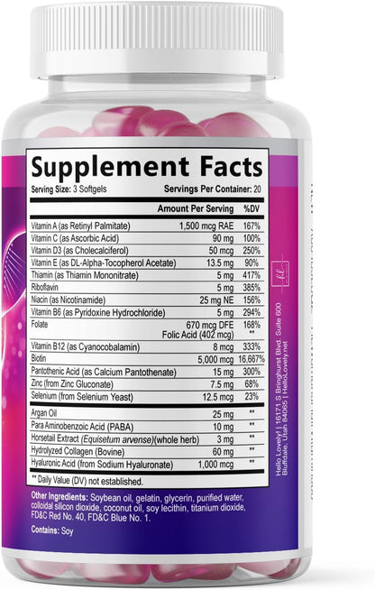 Hair Vitamins for Women Argan-Infused with Collagen, Biotin and Hyaluronic Acid - For Normal Hair and Skin Maintenance - Bottled in the USA - 60 Soft gel capsules