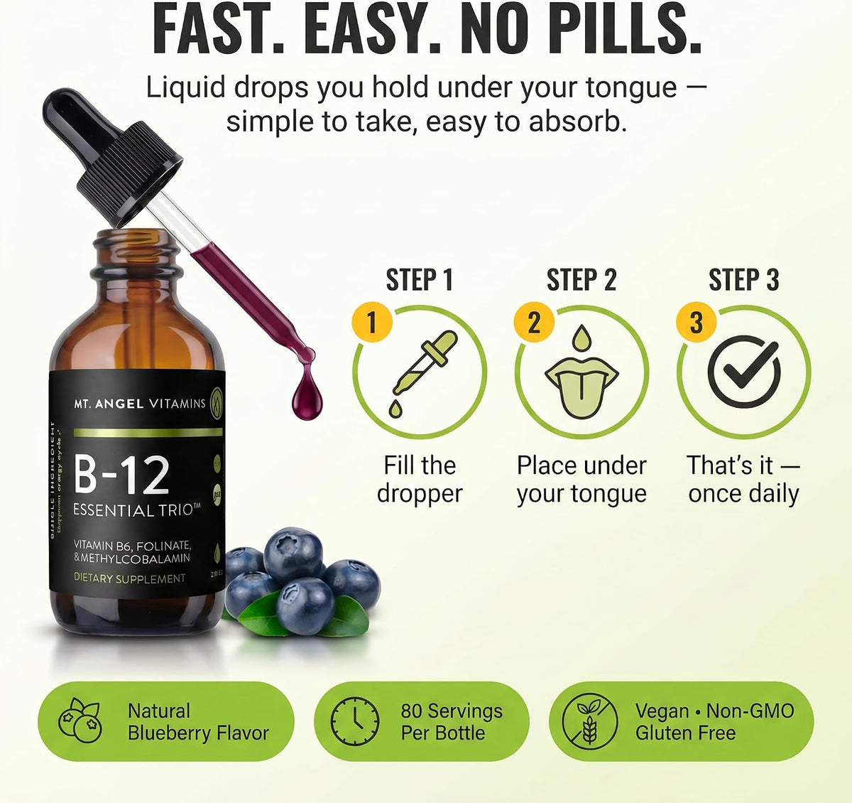 Mt. Angel Vitamins B12 Essential Trio - Vegan Sublingual Drops with Methyl B12, B6 & Folate - görsel 4