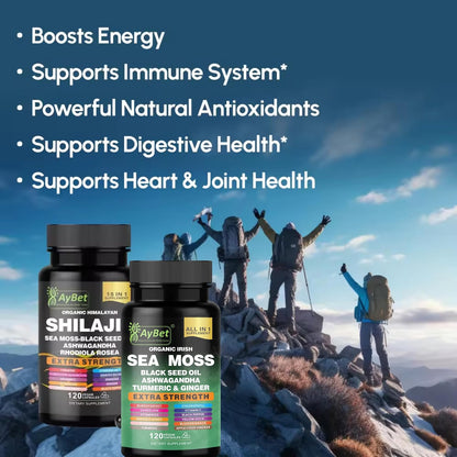 Sea Moss & Himalayan Shilajit Supplement Combo – Herbal Formula with Black Seed Oil, Ashwagandha, Rhodiola, Turmeric, Ginger – Mineral & Antioxidant Support – Organic, Halal, Vegan Capsules (120 Count)