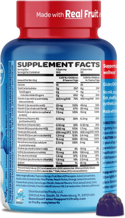 The Smurfs Children's Multivitamin Gummies with 15 Daily Vitamins and Minerals for Growth & Development | Made with Real Fruit in a Smurf Berry Flavour | Delicious, Doctor Developed & Non-GMO Formula | 100 Gummies