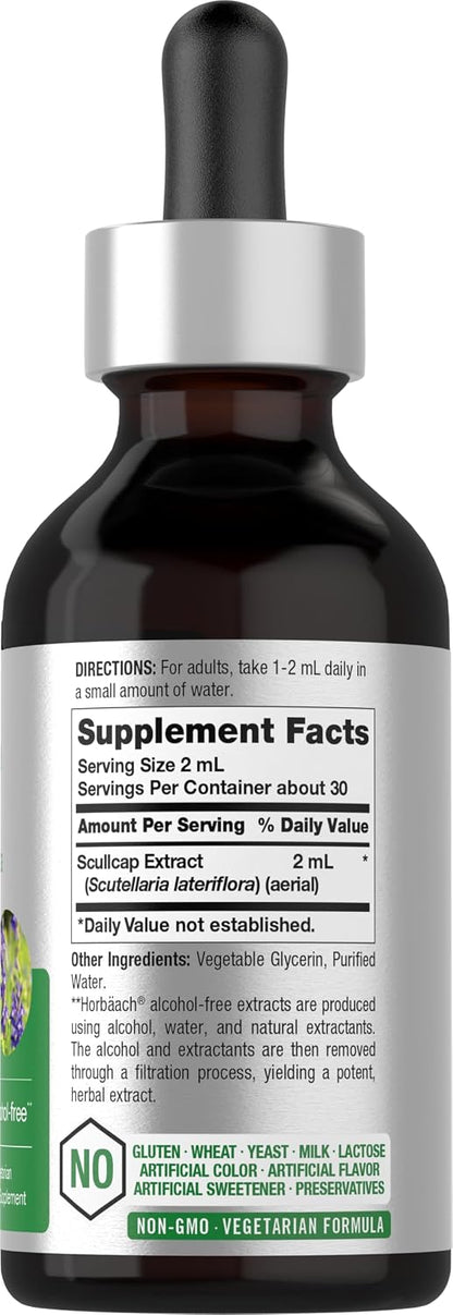 Horbaach Scullcap Herb Tincture, 59 ml (2 fl oz) - Alcohol-Free Liquid Extract Drops