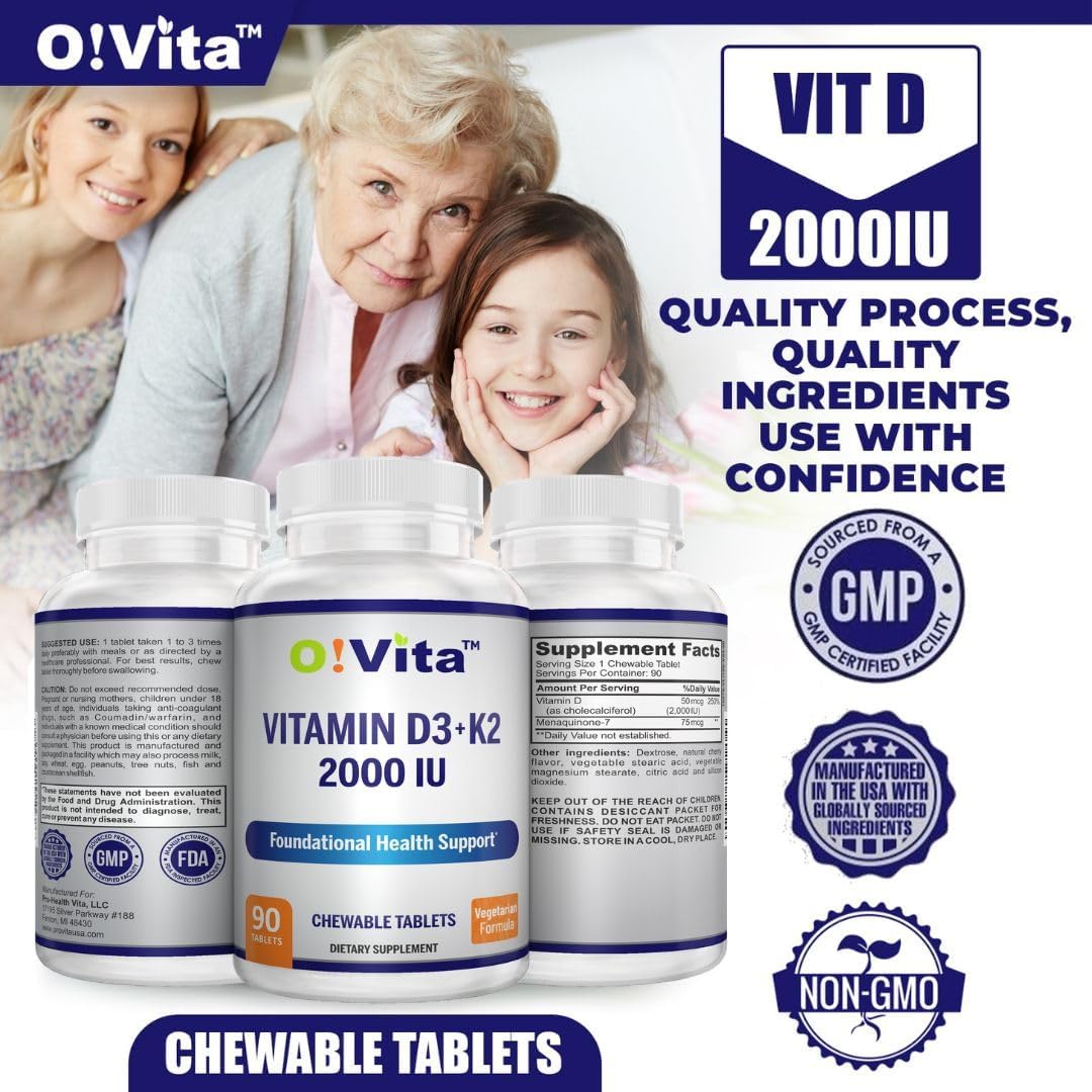 O!VITA Vitamin D3 + K2 2000IU Chewable Tablets for Bone Health Support, 90 Vegetarian Chewable Tablets - görsel 3
