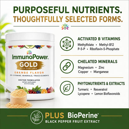 ImmunoPower Gold: High-Absorption Turmeric & BioPerine Immune Support with 35+ Nutrients, Orange Flavour