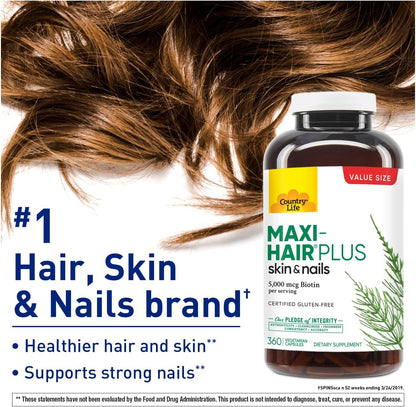 Country Life Maxi-Hair Plus Biotin 5000 mcg, 360 Capsules