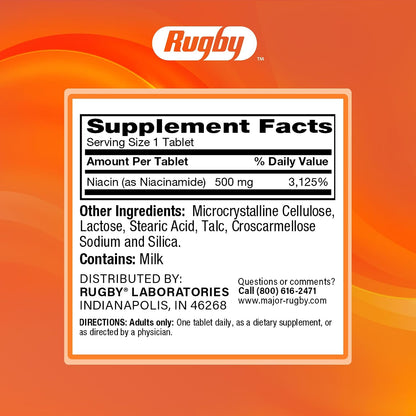 Rugby Niacinamide 500 mg Tablets, Gluten-Free Food Supplement for Adults, Supports Overall Health, No Artificial Flavours - 100 Count (Pack of 3)