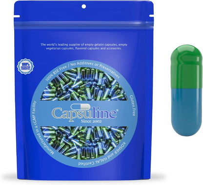 Capsuline Coloured Size 3 Empty Gelatine Capsules, Green/Blue, 1000 Count