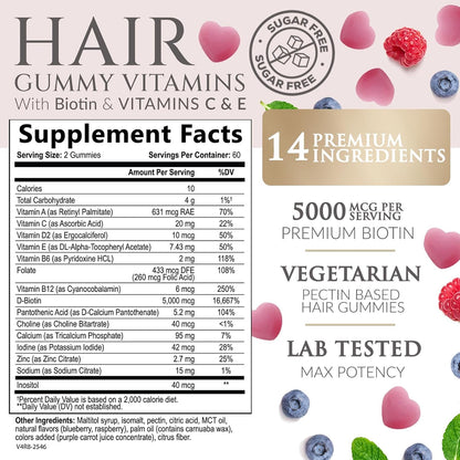 Nature's Nutrition Sugar-Free Biotin Gummies 5000mcg - Hair, Skin & Nail Support - 120 Gummies