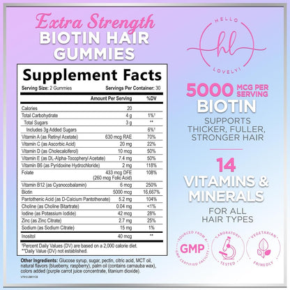 Hello Lovely! Hair Vitamins Gummies – Biotin 5000mcg – Berry Flavour (60 Gummies)