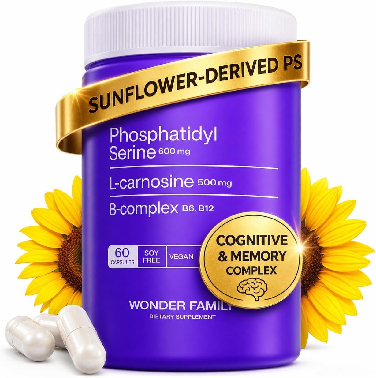Phosphatidylserine 600 mg with L-Carnosine 500 mg + B6, B12 & Folate | Non-Soya Sunflower Lecithin PS Complex | Plant-Based, Non-GM | 60 Capsules - görsel 1