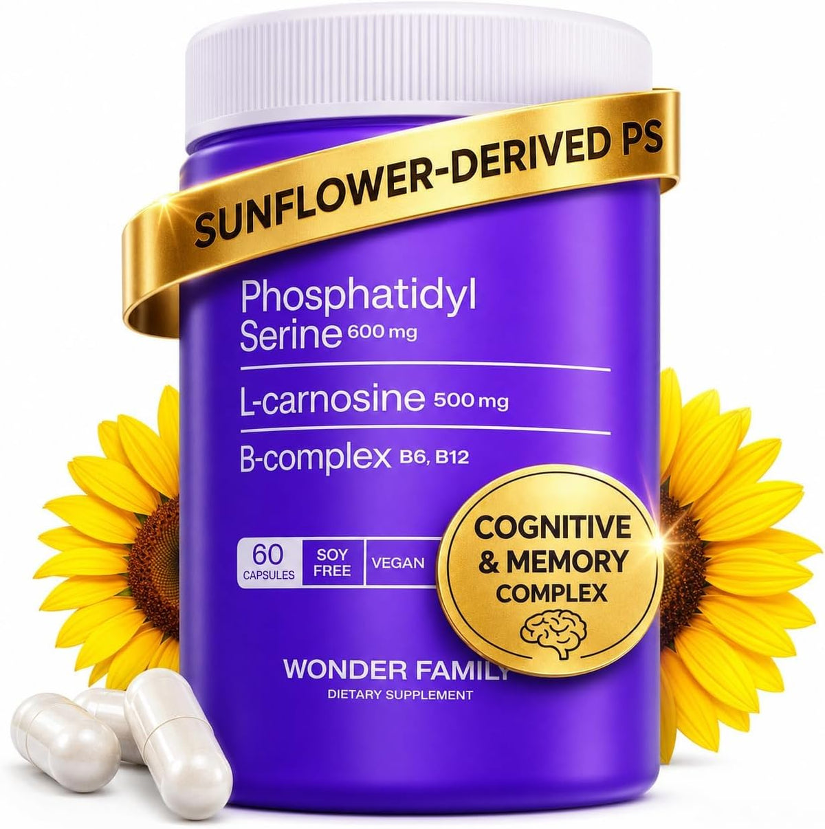 Phosphatidylserine 600 mg with L-Carnosine 500 mg + B6, B12 & Folate | Non-Soya Sunflower Lecithin PS Complex | Plant-Based, Non-GM | 60 Capsules - görsel 1
