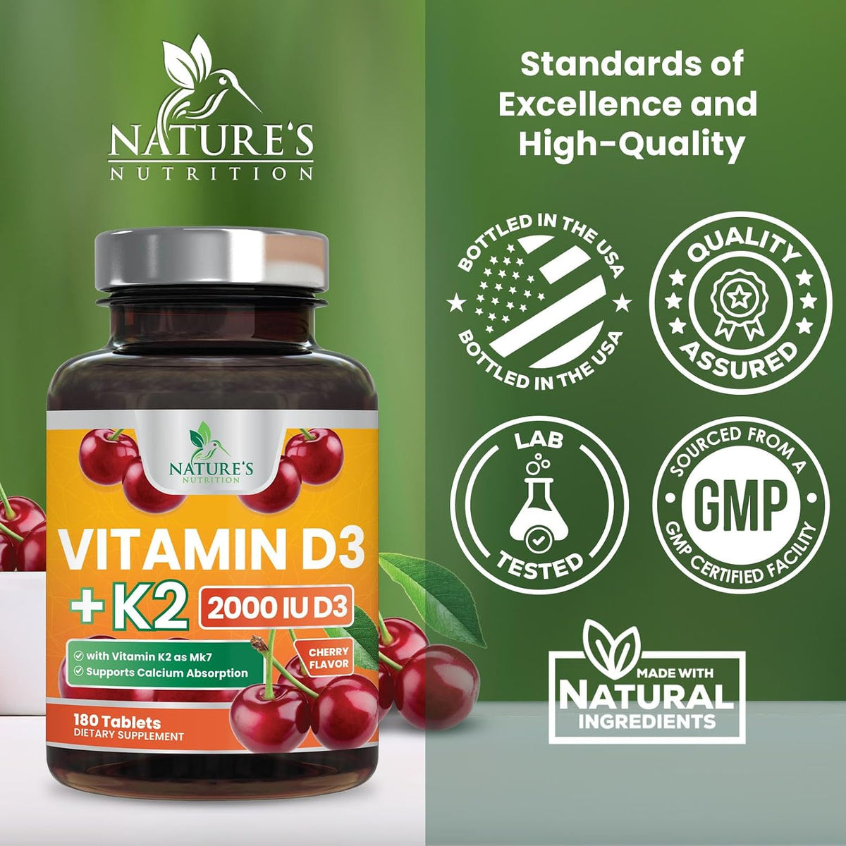 Nature's Nutrition Vitamin D3 K2 Supplement - 2000 IU D3 + 75 mcg MK-7 - Chewable, Berry Flavour - 180 Tablets - görsel 4