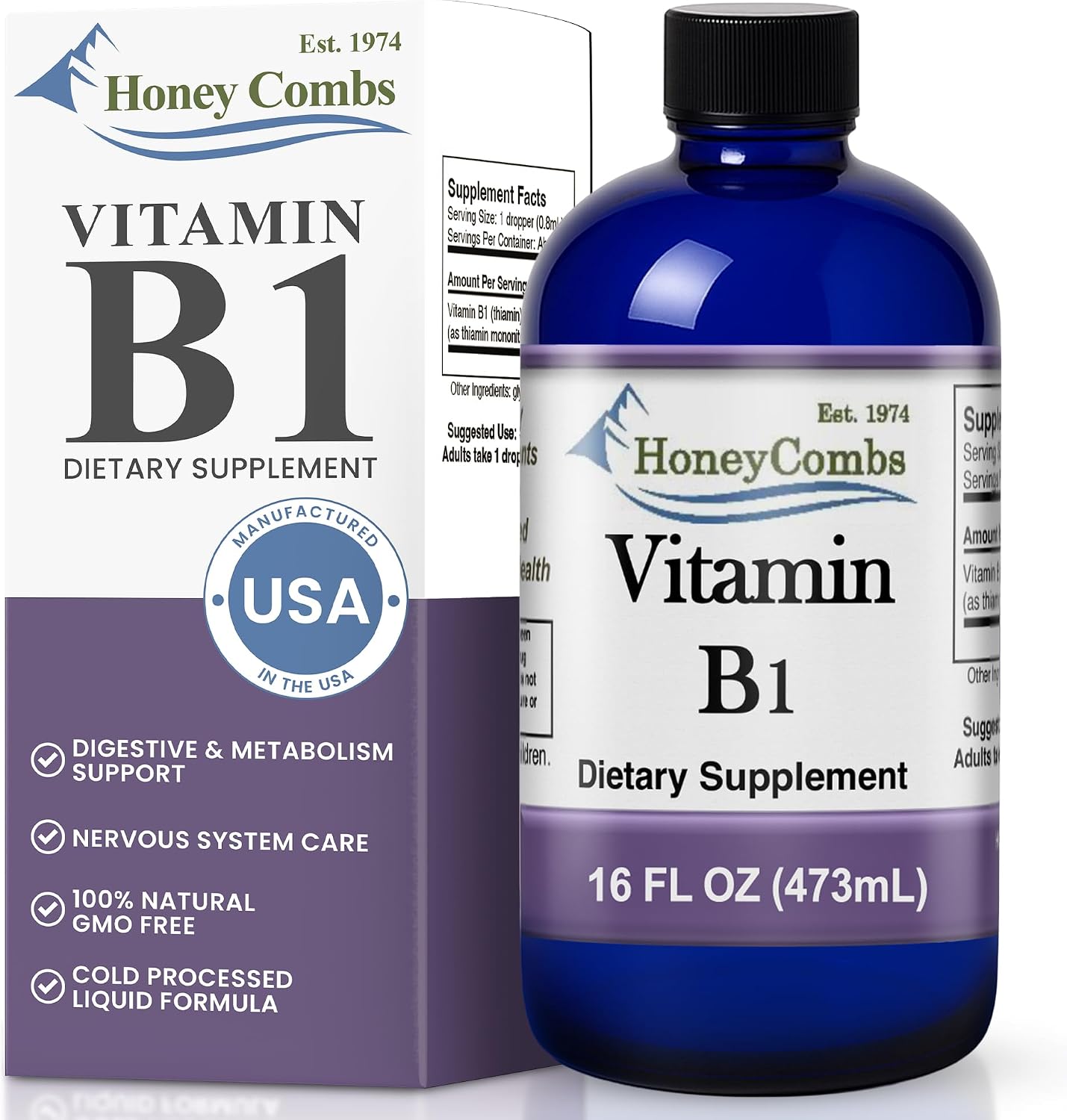 HoneyCombs B1 (Thiamine) Liquid Drops - High Potency Supplement for Energy & Nervous System Support - Vegan, 480 ml - görsel 1