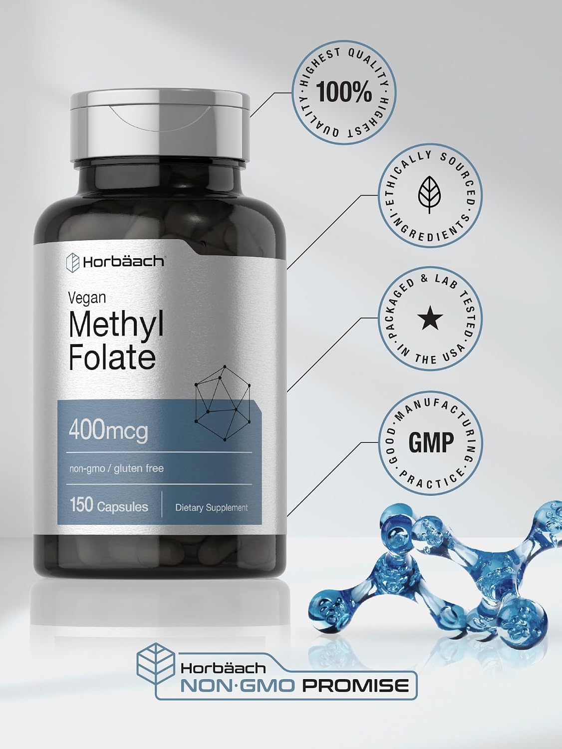 Horbäach Methyl Folate 400 μg | 150 Vegan Capsules | Non-GMO, Gluten-free | Food Supplement - görsel 6