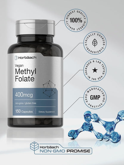 Horbäach Methyl Folate 400 μg | 150 Vegan Capsules | Non-GMO, Gluten-free | Food Supplement