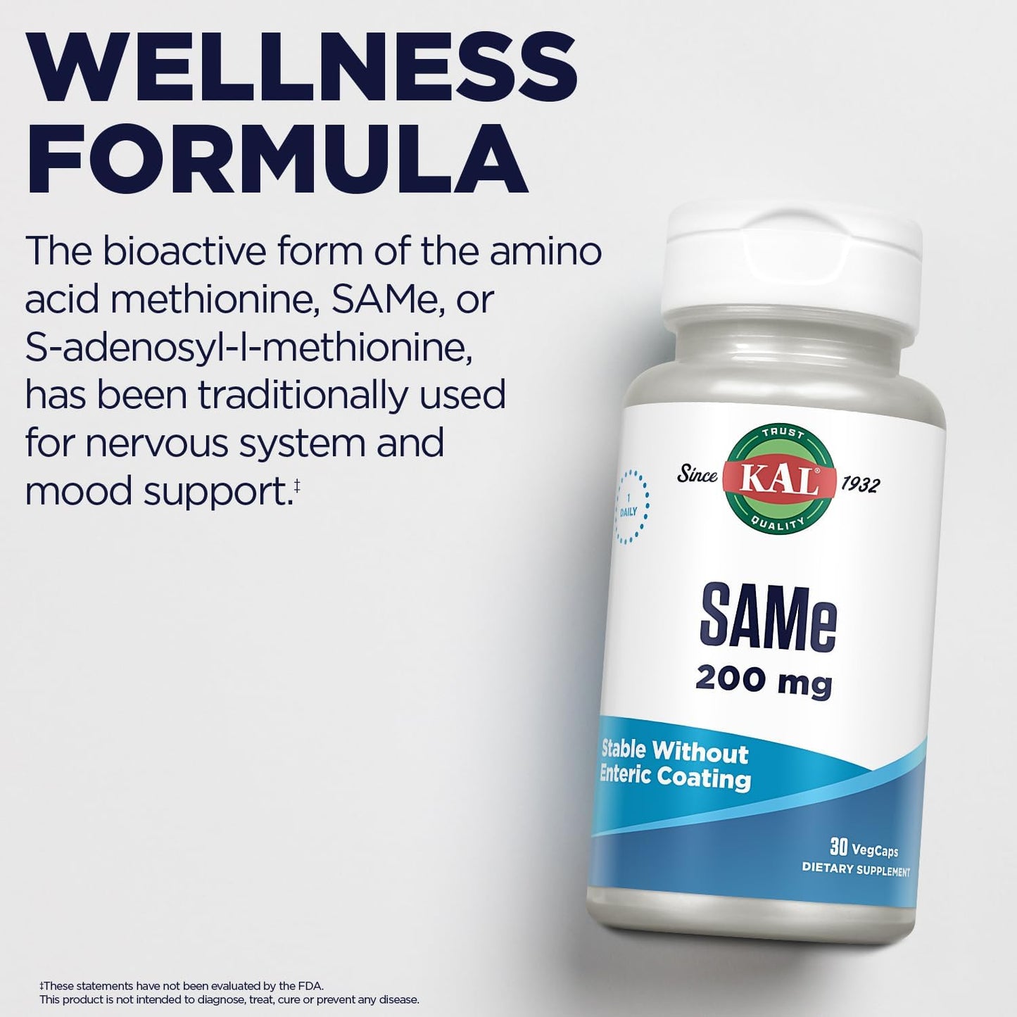KAL SAM-e 200mg – S-Adenosyl-L-Methionine Supplement for Nervous System, Wellbeing and Mood Support – Enhanced Absorption, Vegetarian, 30 Veg Capsules - görsel 5