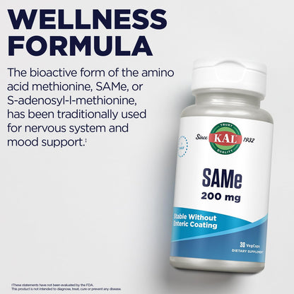 KAL SAM-e 200mg – S-Adenosyl-L-Methionine Supplement for Nervous System, Wellbeing and Mood Support – Enhanced Absorption, Vegetarian, 30 Veg Capsules