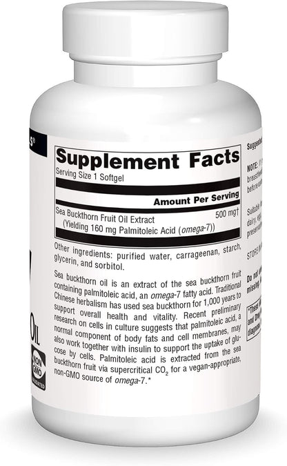 Source Naturals Omega-7 Sea Buckthorn Fruit Oil, Non-GMO, Vegan-Sourced for Health and Vitality - 120 Vegan Softgels