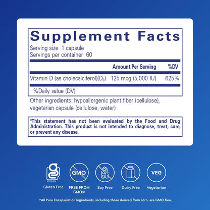 Pure Encapsulations Vitamin D3 125 mcg (5,000 IU) – 60 Capsules
