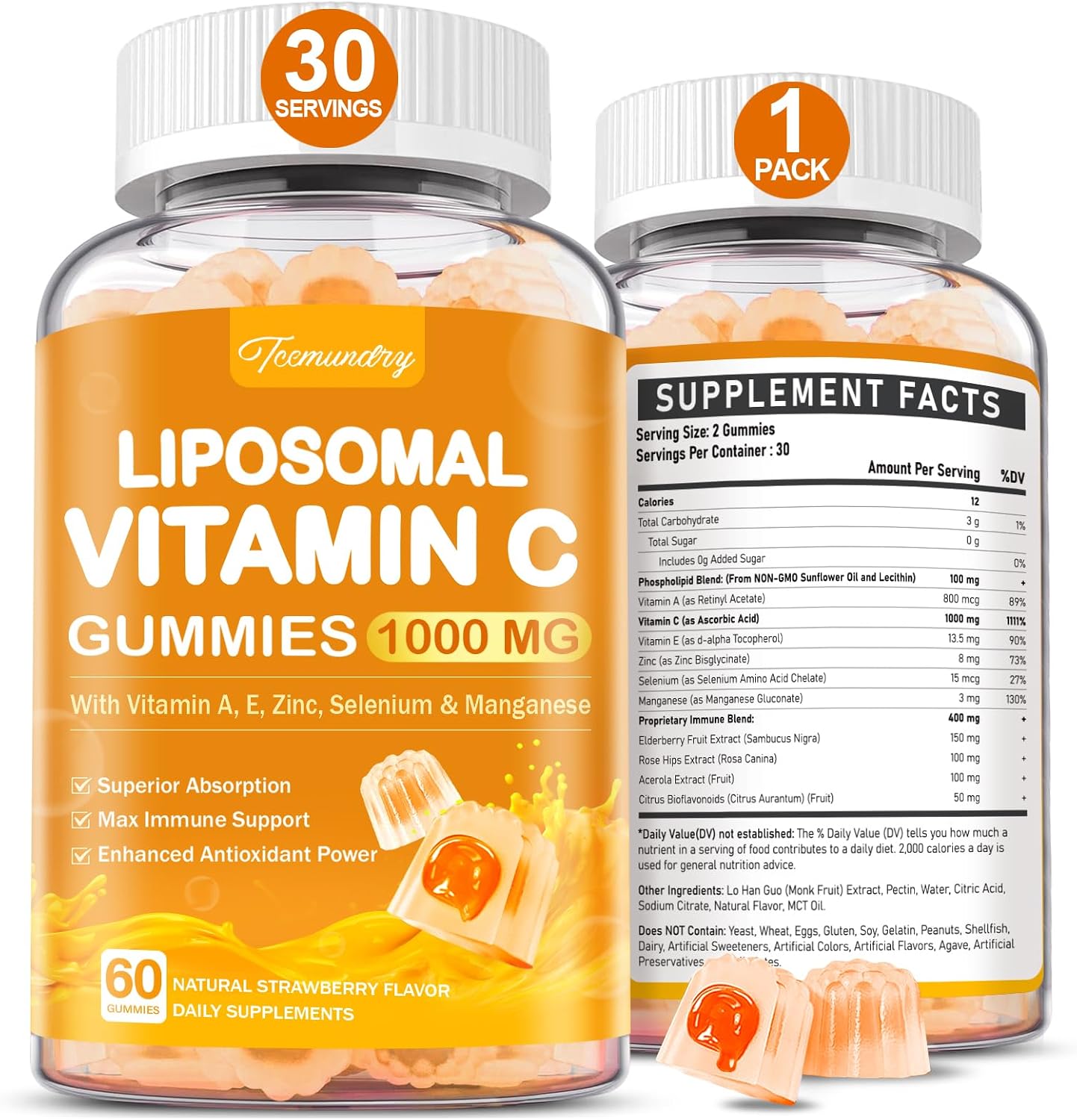 Liposomal Vitamin C Gummies 1000mg for Adults: Vitamin C Chewy Gummy with Zinc, Elderberry, Vitamins A & E - görsel 1