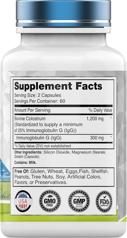 Colostrum Supplement 1,200 mg per serving, 120 Capsules | Standardised to 25% IgG | Grass-Fed Bovine Colostrum Powder Capsules | Immune Support | Non-GMO, Made in the USA!