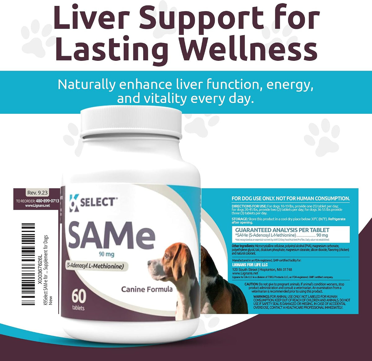 K9 Select SAM-e for Dogs – Liver and Joint Support Supplement for Small and Medium Dogs (90mg, 60 Enteric-Coated Tablets) - görsel 4