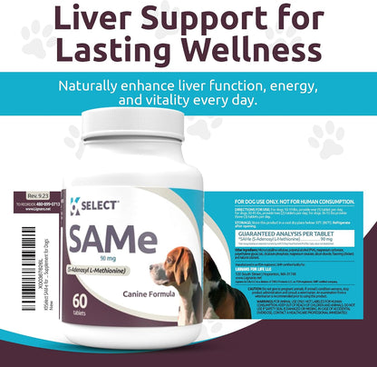 K9 Select SAM-e for Dogs – Liver and Joint Support Supplement for Small and Medium Dogs (90mg, 60 Enteric-Coated Tablets)
