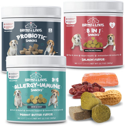 Multivitamin, Probiotics & Allergy Relief Chews for Dogs – 12-in-1 Daily Supplement with Omega-3, Colostrum & Antioxidants – Gut Health, Seasonal Allergy & Itch Support, Immune, Skin & Coat (90 Chews)