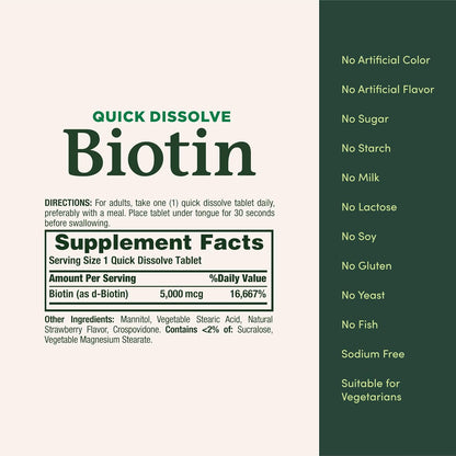 Nature's Bounty Biotin 5000 mcg, 60 Quick Dissolve Tablets for Hair, Skin & Nails