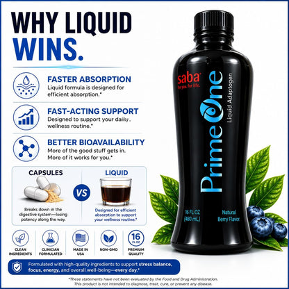 Saba Prime One Liquid Adaptogen Blend - Ashwagandha, Rhodiola, Reishi, Ginseng and Eleuthero - 946 ml (63 Servings)