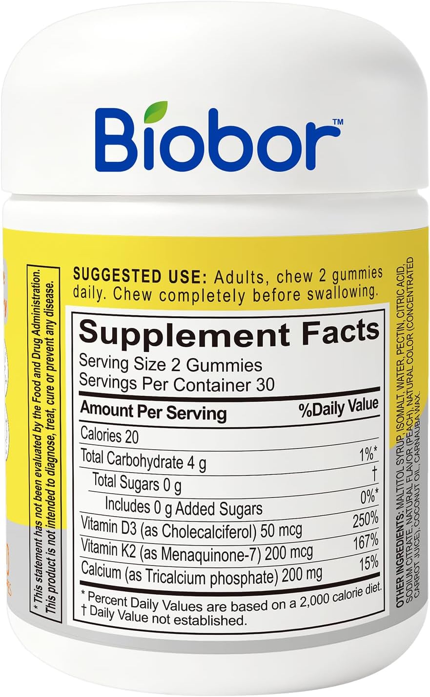 Biobor Vitamin D3 K2 Gummies with Calcium, 2000 IU D3 & 200 mcg K2 (MK-7) & 200 mg Calcium, No Added Sugar, Yellow Peach, 60 Count - görsel 2