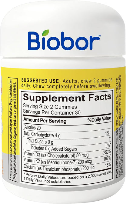 Biobor Vitamin D3 K2 Gummies with Calcium, 2000 IU D3 & 200 mcg K2 (MK-7) & 200 mg Calcium, No Added Sugar, Yellow Peach, 60 Count