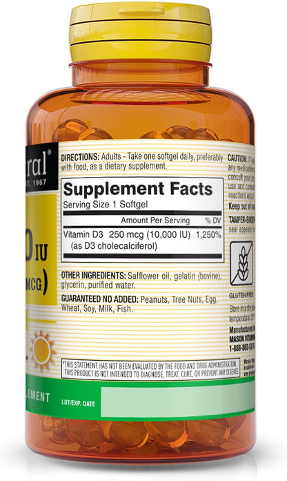 MASON NATURAL Vitamin D3 250 mcg (10,000 IU) – Supports Overall Health, Strengthens Bones and Muscles, from Corn Oil, 60 Softgels