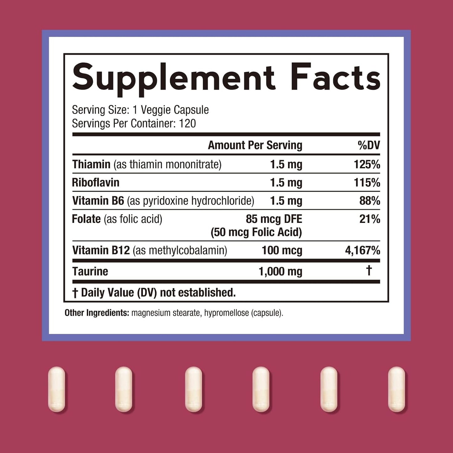 Doctor's Recipes Taurine Supplement 1000mg with B Vitamins - 120 Vegetable Capsules - görsel 2