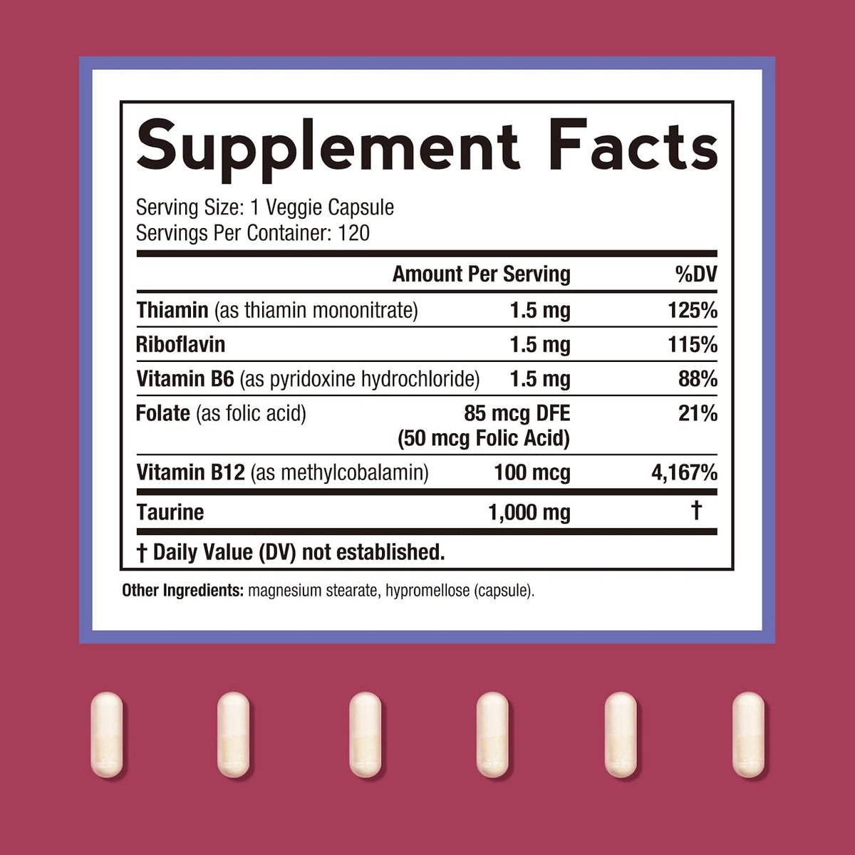 Doctor's Recipes Taurine Supplement 1000mg with B Vitamins - 120 Vegetable Capsules - görsel 2