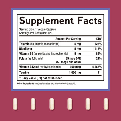 Doctor's Recipes Taurine Supplement 1000mg with B Vitamins - 120 Vegetable Capsules